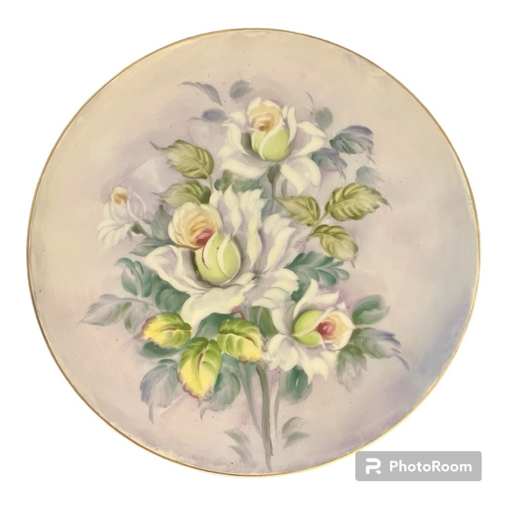 LEFTON hand painted hanging plate | SL-2816 | lavender&shades of green roses EUC